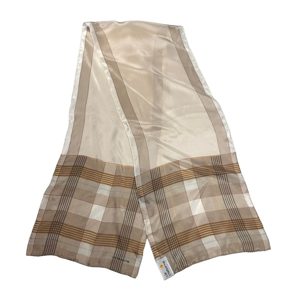 Vintage Liz Claiborne Long Silk Scarf Beige Plaid Preppy Hand Rolled 50" Wrap
